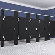Modern restroom stall design with black doors.