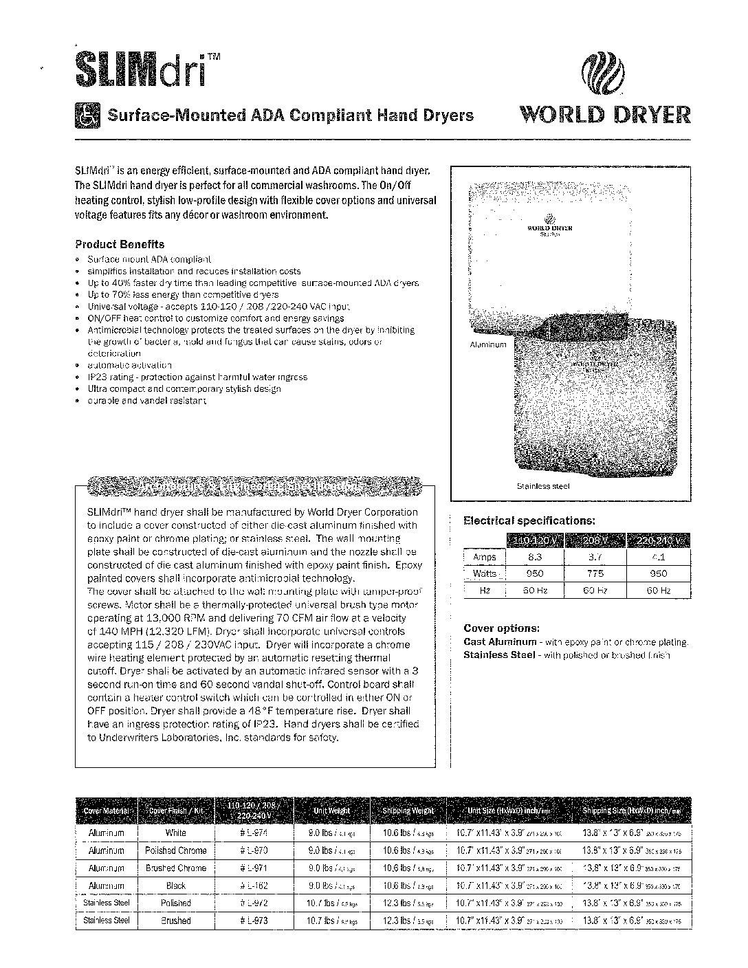 WORLD DRYER-SLIMdri ADA SURFACE MOUNTED HAND DRYER - Image 2
